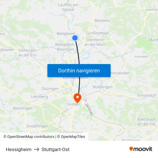 Hessigheim to Stuttgart-Ost map