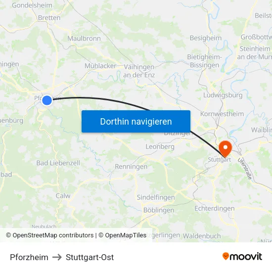 Pforzheim to Stuttgart-Ost map