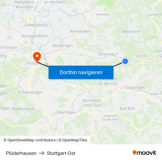 Plüderhausen to Stuttgart-Ost map