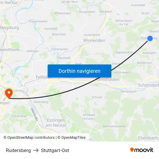 Rudersberg to Stuttgart-Ost map