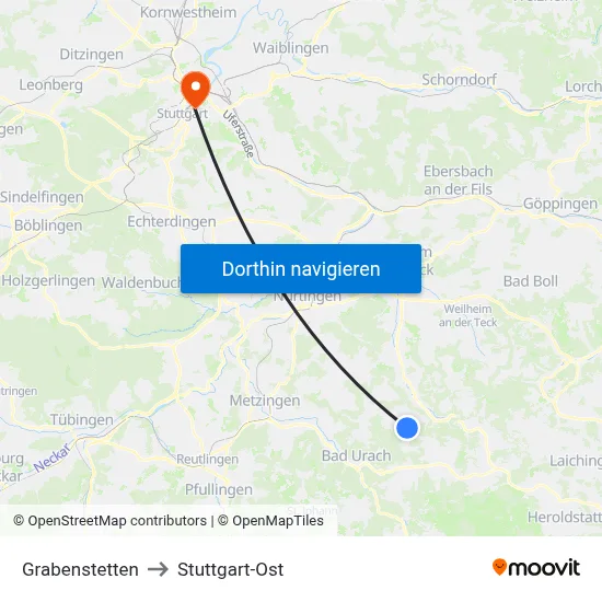 Grabenstetten to Stuttgart-Ost map