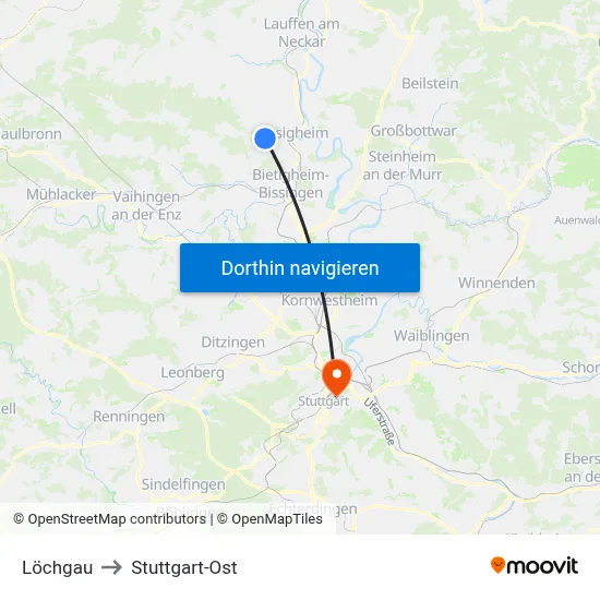 Löchgau to Stuttgart-Ost map