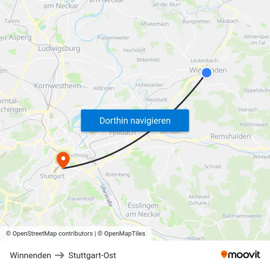 Winnenden to Stuttgart-Ost map