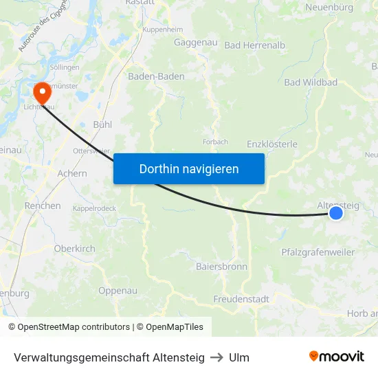 Verwaltungsgemeinschaft Altensteig to Ulm map