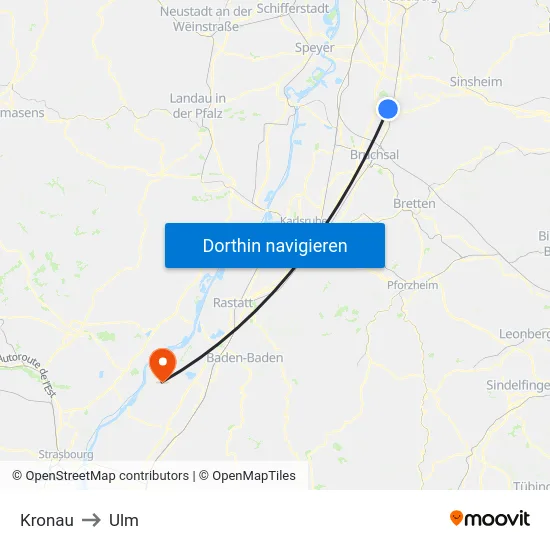 Kronau to Ulm map