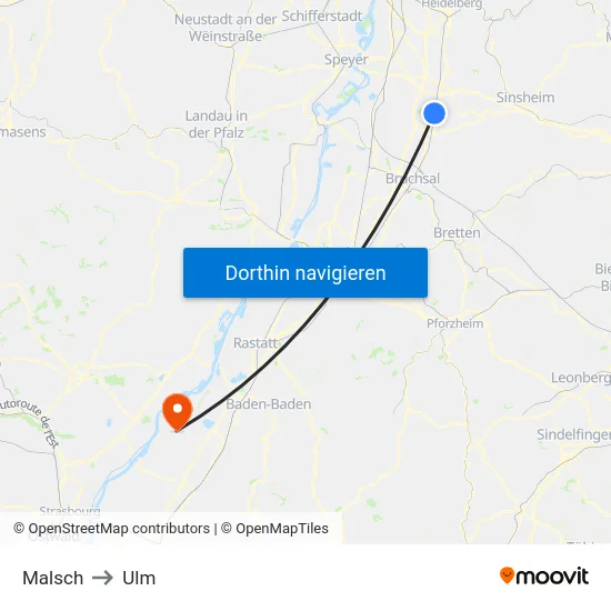 Malsch to Ulm map