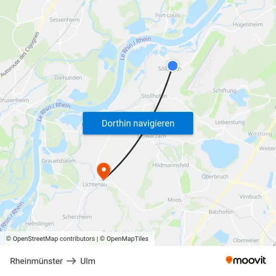 Rheinmünster to Ulm map