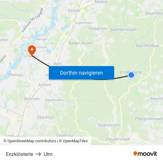 Enzklösterle to Ulm map