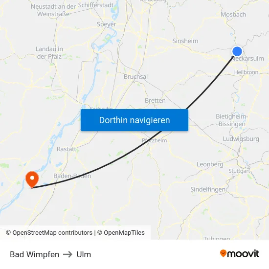 Bad Wimpfen to Ulm map