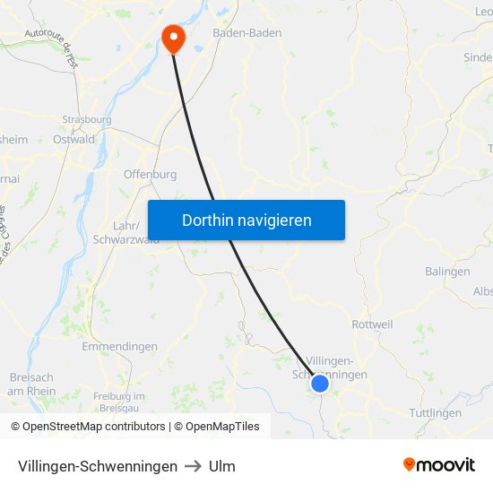 Villingen-Schwenningen to Ulm map