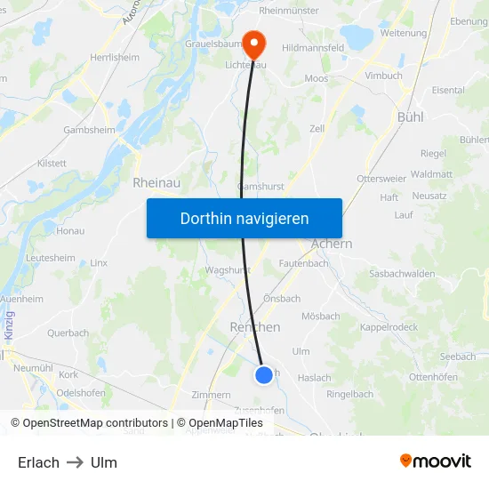 Erlach to Ulm map