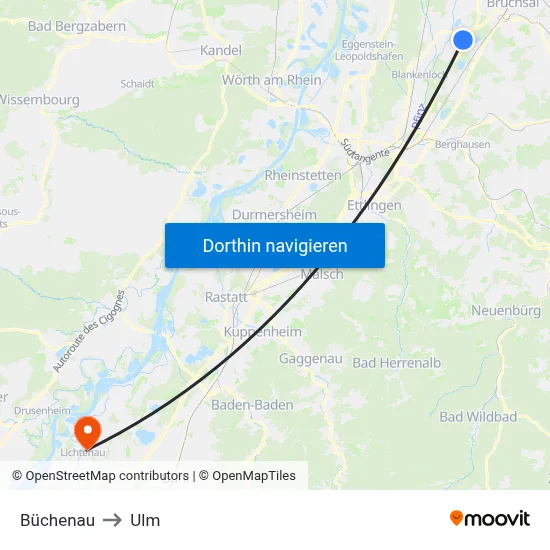 Büchenau to Ulm map