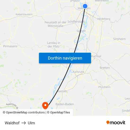 Waldhof to Ulm map