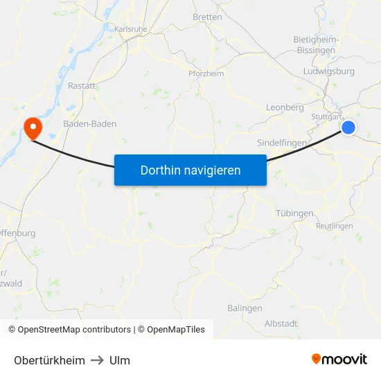 Obertürkheim to Ulm map