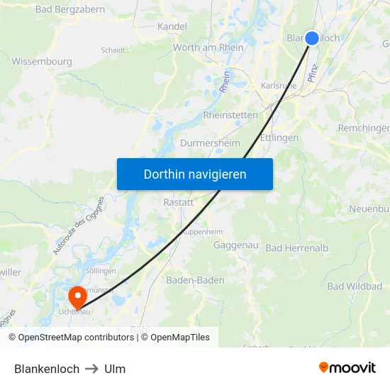 Blankenloch to Ulm map
