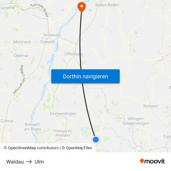 Waldau to Ulm map