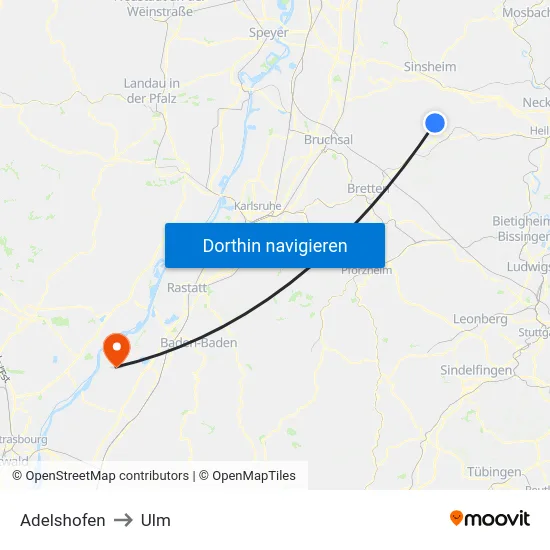 Adelshofen to Ulm map