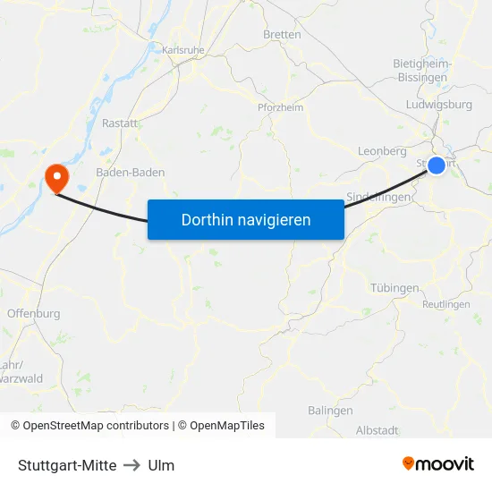 Stuttgart-Mitte to Ulm map