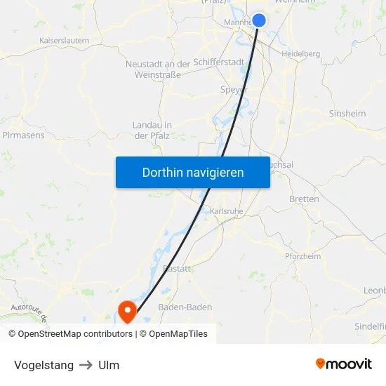 Vogelstang to Ulm map