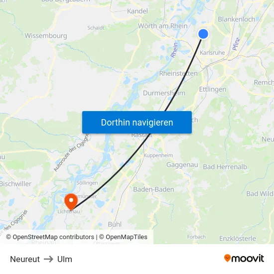 Neureut to Ulm map