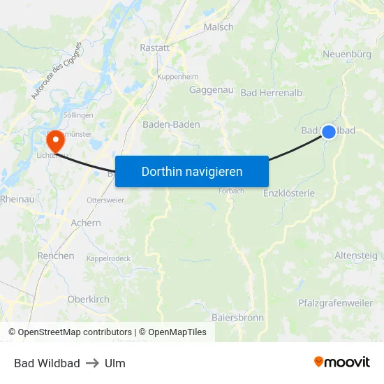 Bad Wildbad to Ulm map