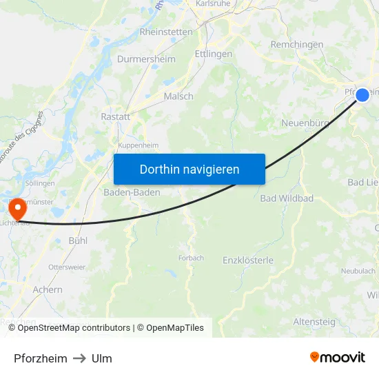 Pforzheim to Ulm map