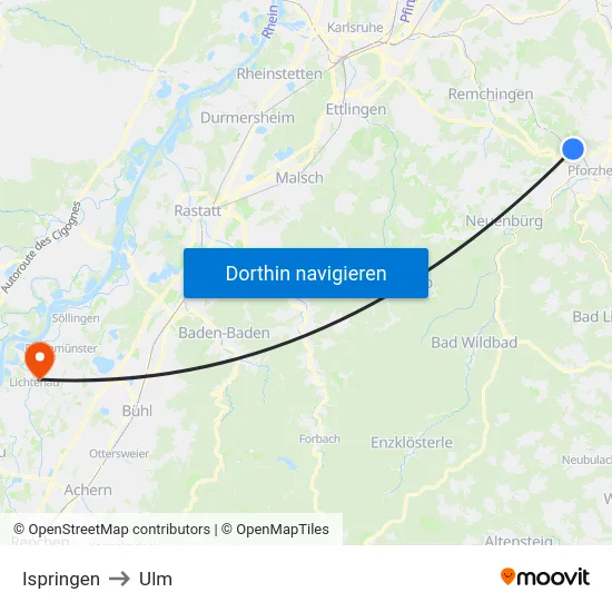 Ispringen to Ulm map