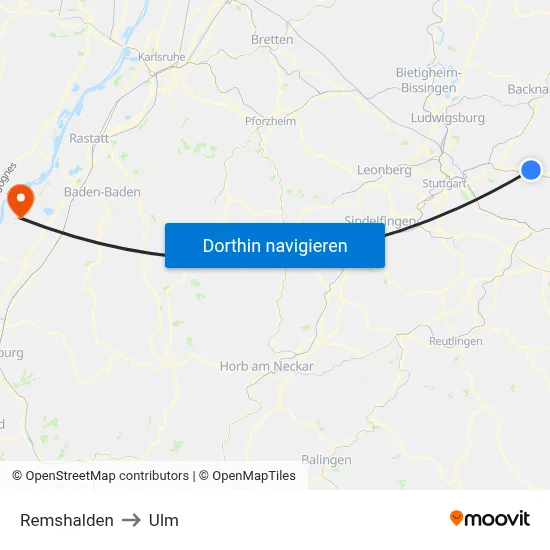 Remshalden to Ulm map