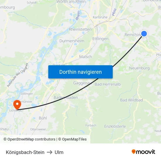 Königsbach-Stein to Ulm map