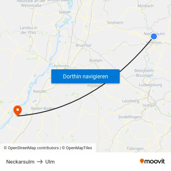 Neckarsulm to Ulm map