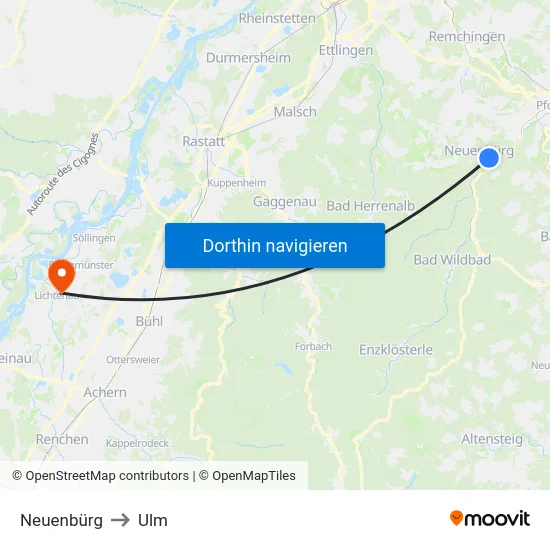 Neuenbürg to Ulm map