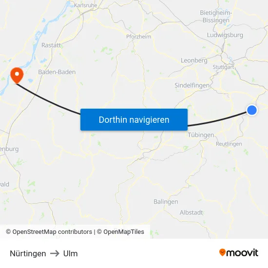Nürtingen to Ulm map