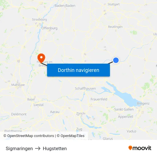 Sigmaringen to Hugstetten map