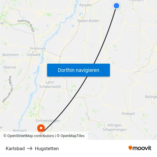 Karlsbad to Hugstetten map