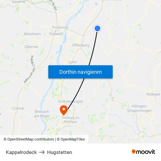Kappelrodeck to Hugstetten map