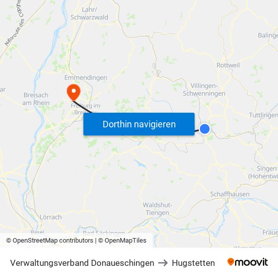 Verwaltungsverband Donaueschingen to Hugstetten map