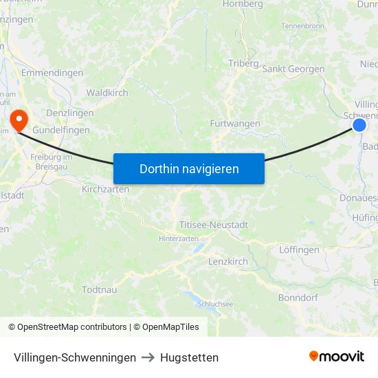 Villingen-Schwenningen to Hugstetten map