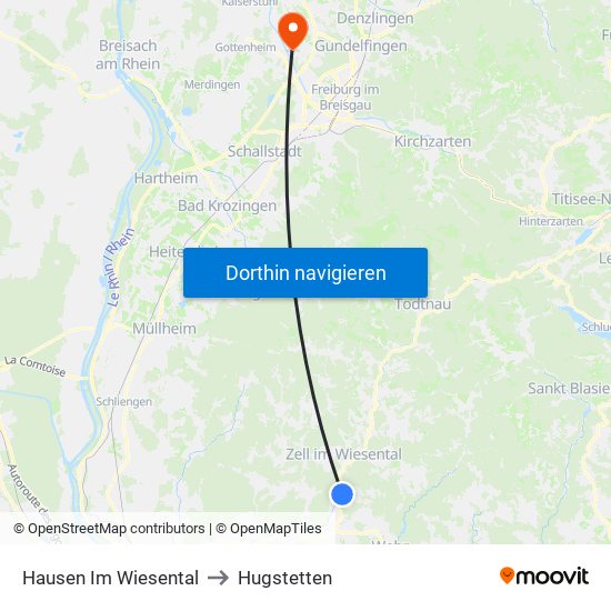 Hausen Im Wiesental to Hugstetten map