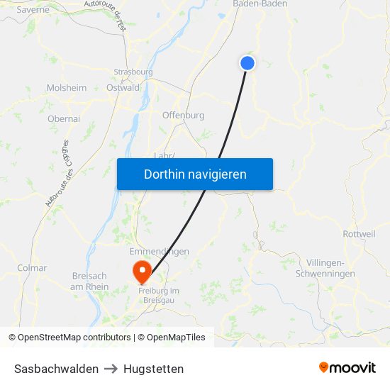 Sasbachwalden to Hugstetten map