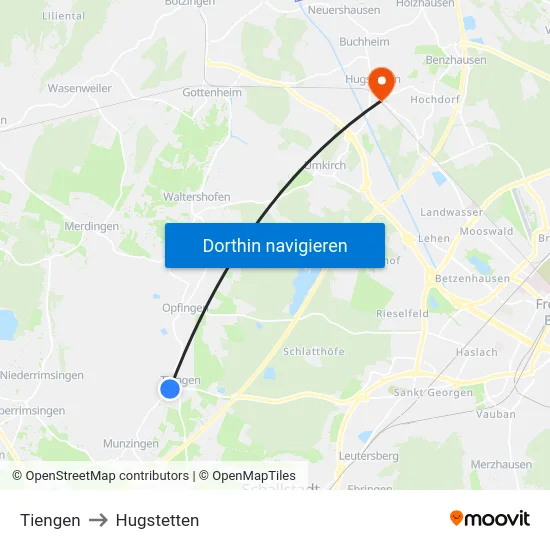 Tiengen to Hugstetten map