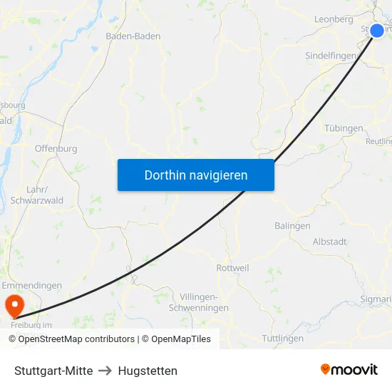 Stuttgart-Mitte to Hugstetten map