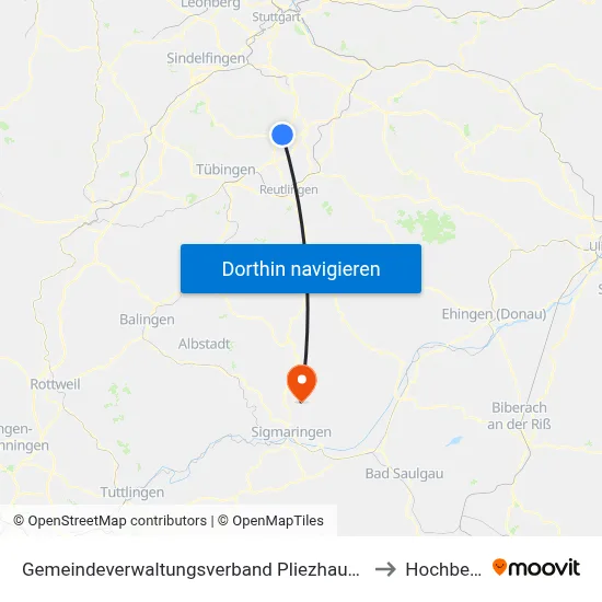Gemeindeverwaltungsverband Pliezhausen to Hochberg map