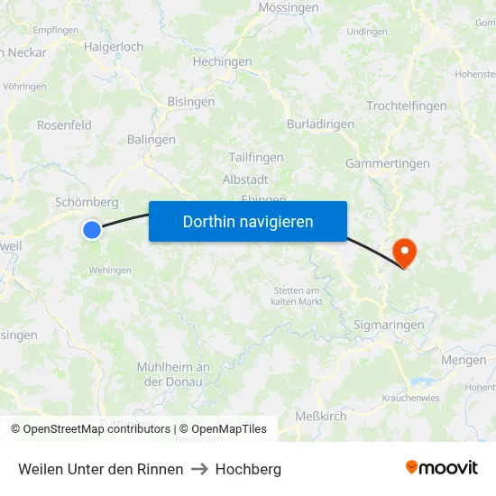 Weilen Unter den Rinnen to Hochberg map