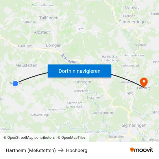Hartheim (Meßstetten) to Hochberg map