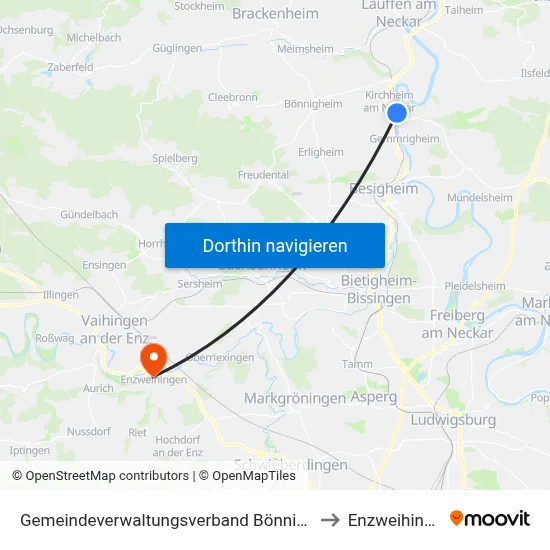 Gemeindeverwaltungsverband Bönnigheim to Enzweihingen map