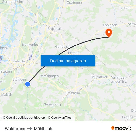 Waldbronn to Mühlbach map