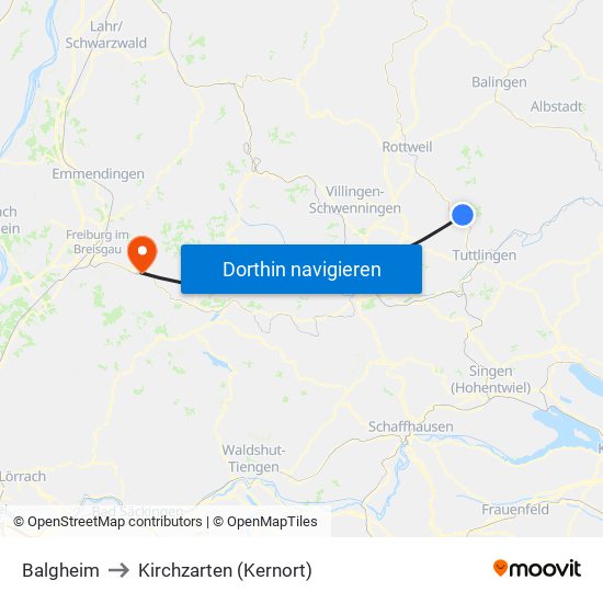 Balgheim to Kirchzarten (Kernort) map