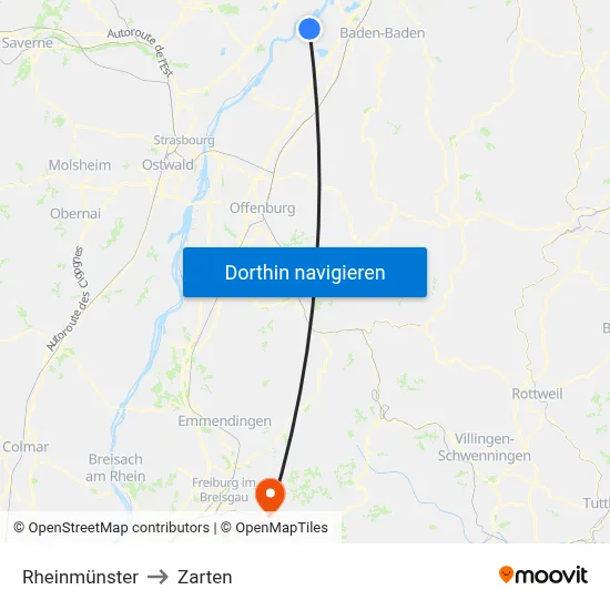 Rheinmünster to Zarten map