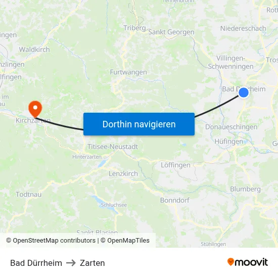 Bad Dürrheim to Zarten map