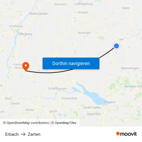 Erbach to Zarten map